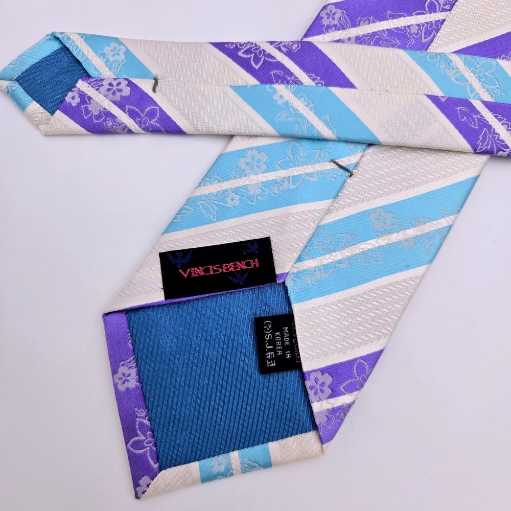 Vincis Bench Mens Silk Tie Purple Blue Striped Floral Herringbone Jacquard 58"